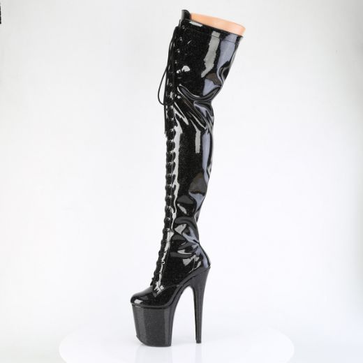 Product image of Pleaser FLAMINGO-3020GP Blk Glitter Pat/M 8 Inch Heel 4 Inch PF Lace-Up Stretch Thigh Boot Side Zip