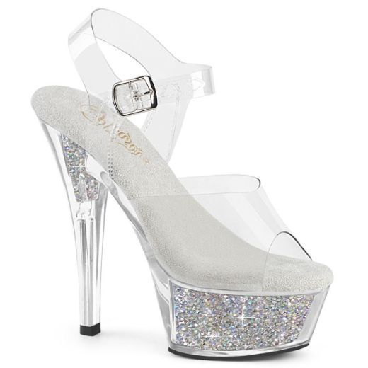 Product image of Pleaser KISS-208RSI Clr/Clr-Slv AB RS 6 Inch Heel 1 3/4 Inch PF Ankle Strap Sandal w/RS Inserts