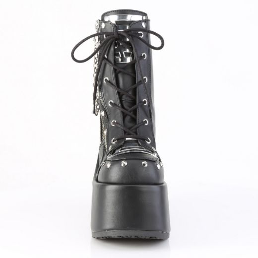 Product image of Demoniacult CAMEL-208 Blk Vegan Leather 5 Inch Chunky Heel 3 Inch P/F Lace-Up Ankle Boot Outside Zip