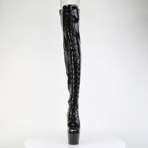 Product image of Pleaser ADORE-3021GP Blk Glitter Pat/M 7 Inch Heel 2 3/4 Inch PF Peep Toe Lace-Up Thigh Boot Side Zip