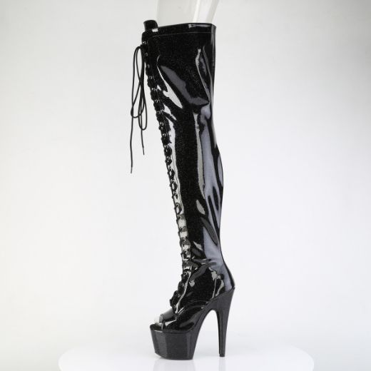 Product image of Pleaser ADORE-3021GP Blk Glitter Pat/M 7 Inch Heel 2 3/4 Inch PF Peep Toe Lace-Up Thigh Boot Side Zip