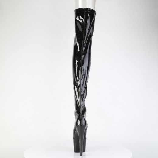 Product image of Pleaser ADORE-3021GP Blk Glitter Pat/M 7 Inch Heel 2 3/4 Inch PF Peep Toe Lace-Up Thigh Boot Side Zip