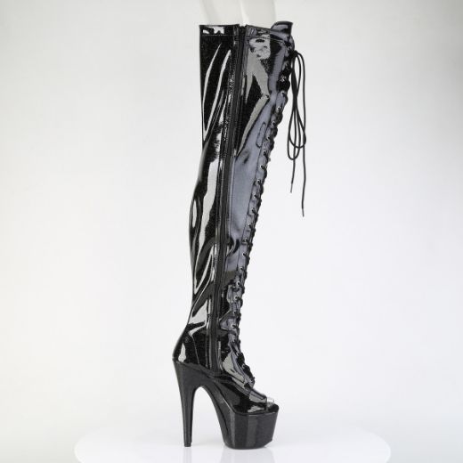 Product image of Pleaser ADORE-3021GP Blk Glitter Pat/M 7 Inch Heel 2 3/4 Inch PF Peep Toe Lace-Up Thigh Boot Side Zip