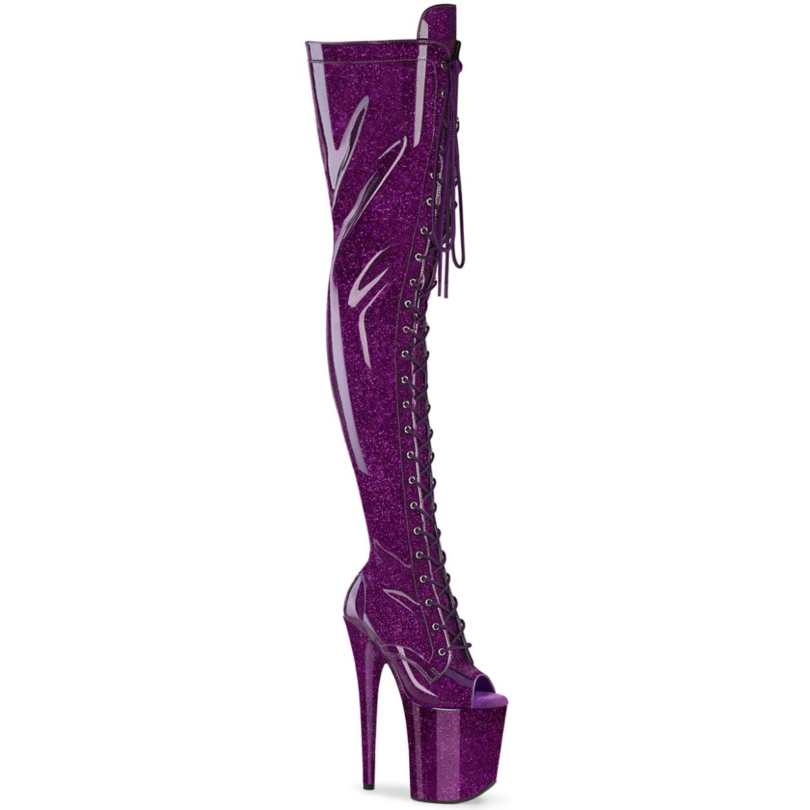 Product image of Pleaser FLAMINGO-3021GP Purple Glitter Pat/M 8 Inch Heel 4 Inch PF Peep Toe Lace-Up Thigh Boot Side Zip