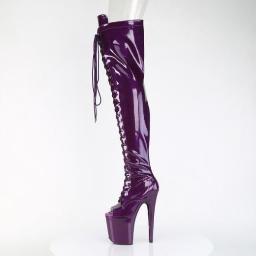 Product image of Pleaser FLAMINGO-3021GP Purple Glitter Pat/M 8 Inch Heel 4 Inch PF Peep Toe Lace-Up Thigh Boot Side Zip