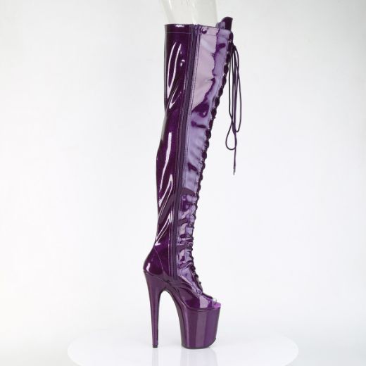 Product image of Pleaser FLAMINGO-3021GP Purple Glitter Pat/M 8 Inch Heel 4 Inch PF Peep Toe Lace-Up Thigh Boot Side Zip