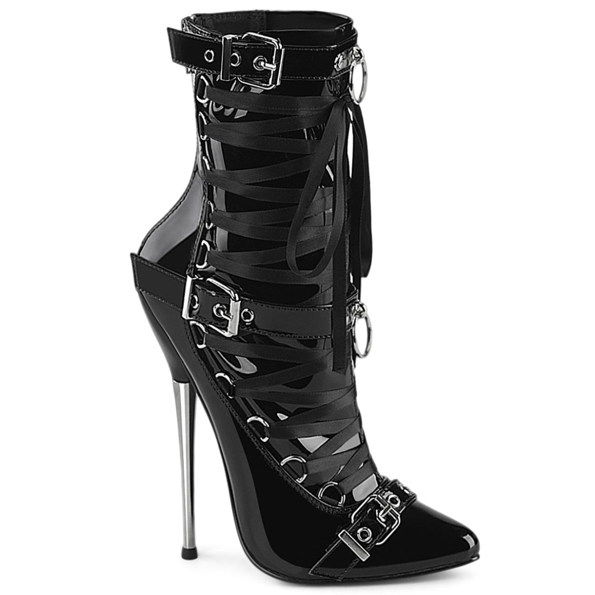 Product image of Devious DAGGER-1032 Blk Pat 6 1/4 Inch Solid Brass Heel Ankle Boot Back Zip