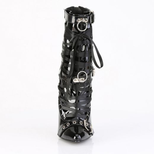 Product image of Devious DAGGER-1032 Blk Pat 6 1/4 Inch Solid Brass Heel Ankle Boot Back Zip