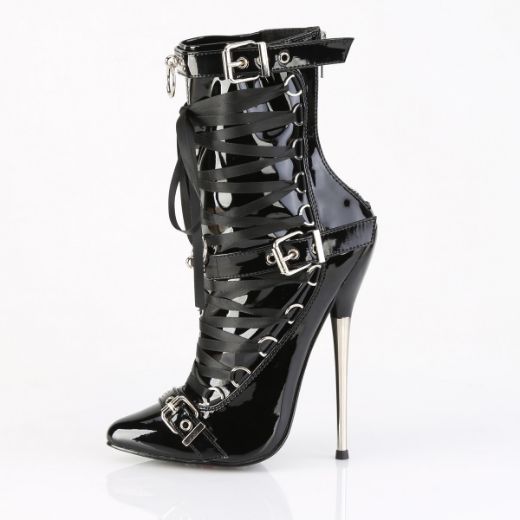 Product image of Devious DAGGER-1032 Blk Pat 6 1/4 Inch Solid Brass Heel Ankle Boot Back Zip