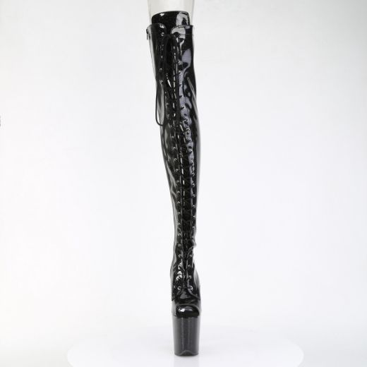 Product image of Pleaser FLAMINGO-3021GP Blk Glitter Pat/M 8 Inch Heel 4 Inch PF Peep Toe Lace-Up Thigh Boot Side Zip