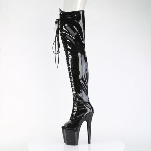 Product image of Pleaser FLAMINGO-3021GP Blk Glitter Pat/M 8 Inch Heel 4 Inch PF Peep Toe Lace-Up Thigh Boot Side Zip