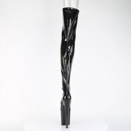 Product image of Pleaser FLAMINGO-3021GP Blk Glitter Pat/M 8 Inch Heel 4 Inch PF Peep Toe Lace-Up Thigh Boot Side Zip