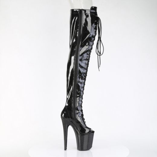 Product image of Pleaser FLAMINGO-3021GP Blk Glitter Pat/M 8 Inch Heel 4 Inch PF Peep Toe Lace-Up Thigh Boot Side Zip