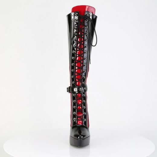 Product image of Devious INDULGE-2028 Blk-Red Pat 5 1/4 Inch Lace-Up Knee High Boot Inside Zip