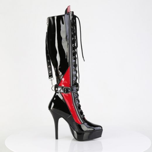 Product image of Devious INDULGE-2028 Blk-Red Pat 5 1/4 Inch Lace-Up Knee High Boot Inside Zip