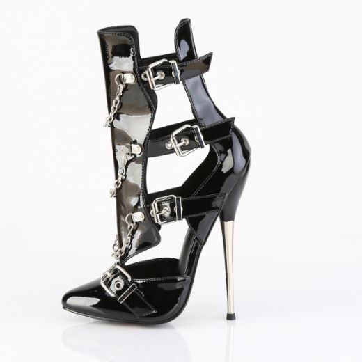 Product image of Devious DAGGER-15 Blk Pat 6 1/4 Inch Solid Brass Heel Cage Bootie