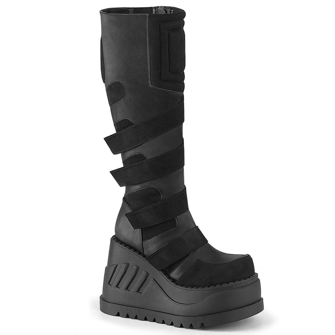 Product image of Demoniacult STOMP-228 Blk Vegan Leather 4 3/4 Inch Wedge PF Knee High Boot Inside Zip