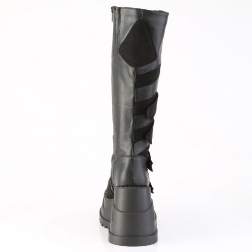 Product image of Demoniacult STOMP-228 Blk Vegan Leather 4 3/4 Inch Wedge PF Knee High Boot Inside Zip