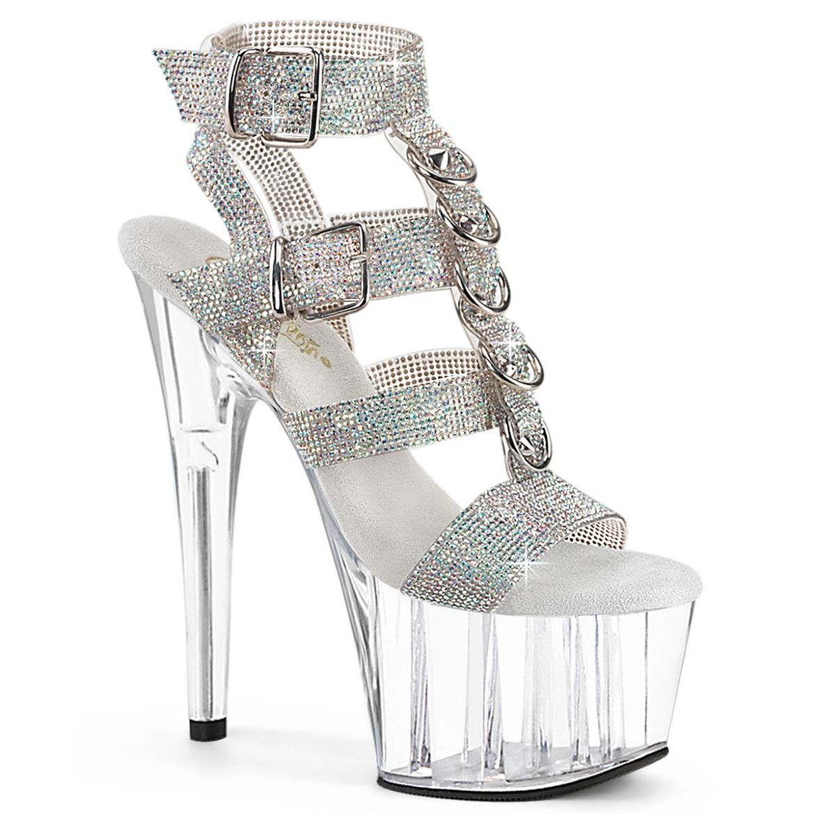 Product image of Pleaser ADORE-756RS Slv AB RS-TPU/Clr 7 Inch Heel 2 3/4 Inch PF Rhinestoned Dual Buckle T-Strap Sandal