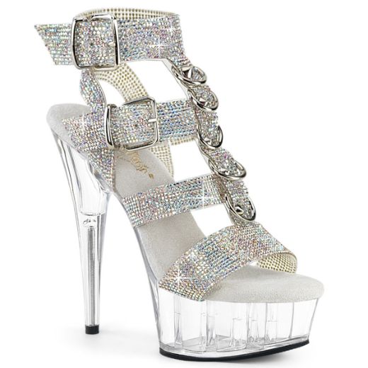 Product image of Pleaser DELIGHT-656RS Slv AB RS-TPU/Clr 6 Inch Heel 1 3/4 Inch PF Rhinestoned Dual Buckle T-Strap Sandal