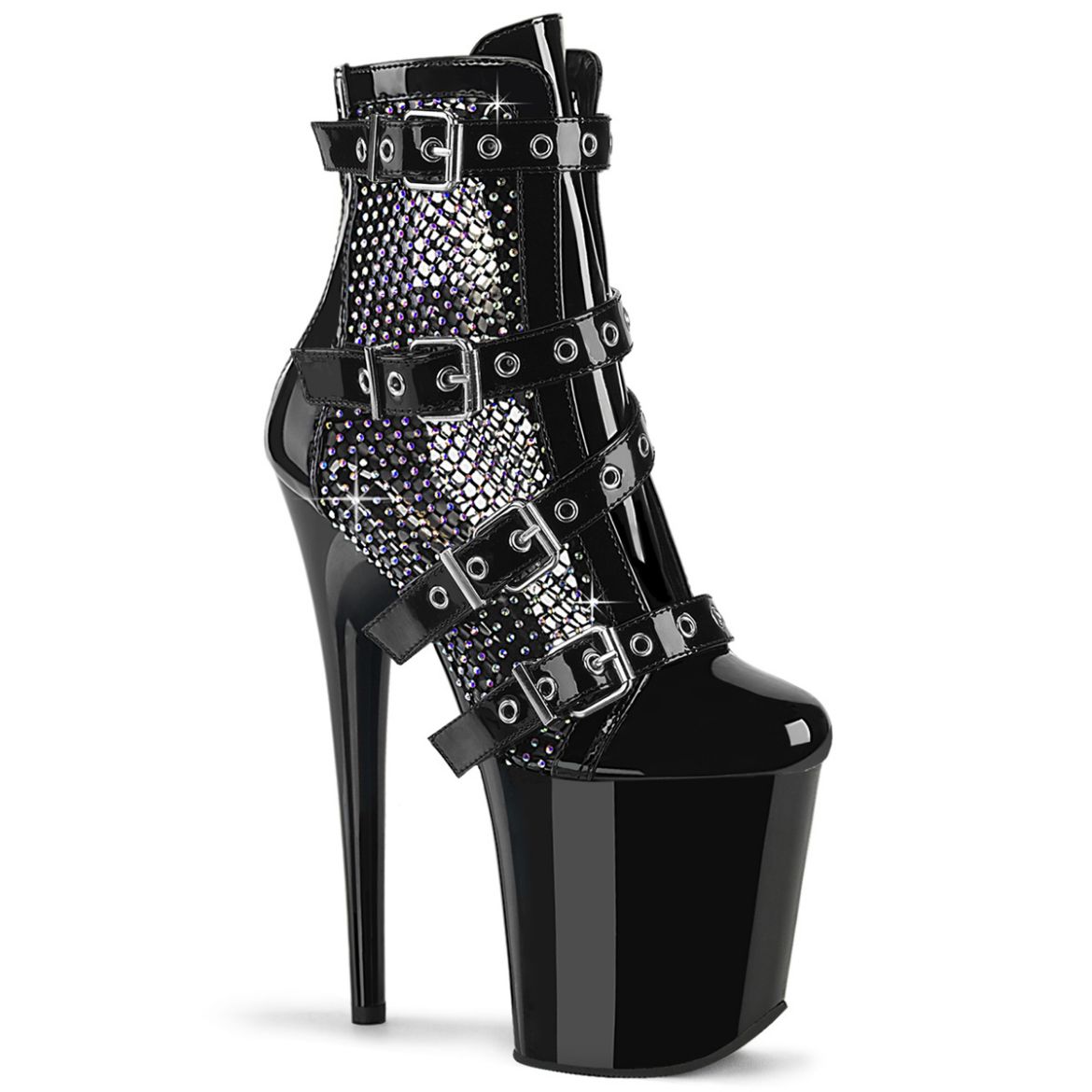 Product image of Pleaser FLAMINGO-1013RM Blk Pat-RS Mesh/Blk 8 Inch Heel 4 Inch PF Strappy Ankle Boot Back Zip