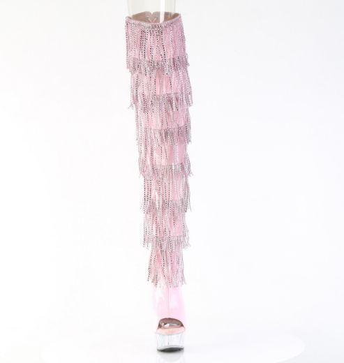 Product image of Pleaser DELIGHT-3017HG-RSF B. Pink Holo Pat/Clr 6 Inch Heel 1 3/4 Inch PF 7-Layer Fringe Lace-Up Back Thigh Boot