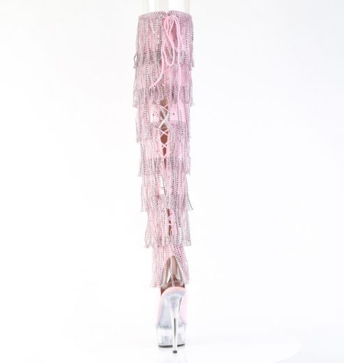 Product image of Pleaser DELIGHT-3017HG-RSF B. Pink Holo Pat/Clr 6 Inch Heel 1 3/4 Inch PF 7-Layer Fringe Lace-Up Back Thigh Boot