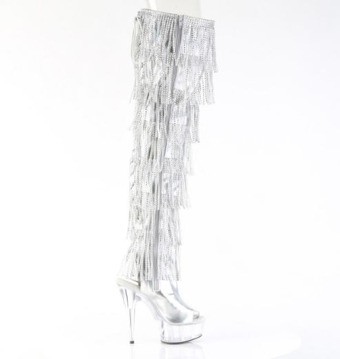 Product image of Pleaser DELIGHT-3017HG-RSF Slv Holo Metallic Pu/Clr 6 Inch Heel 1 3/4 Inch PF 7-Layer Fringe Lace-Up Back Thigh Boot