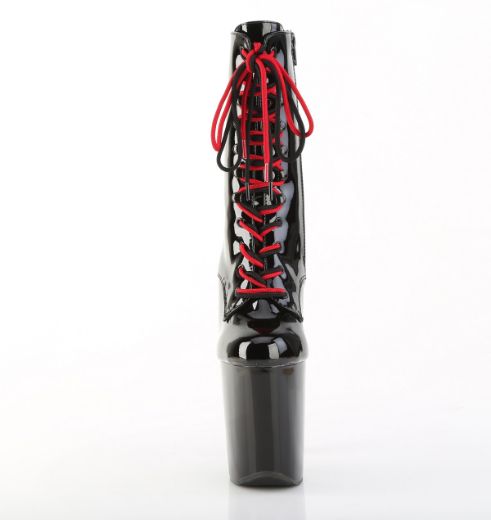 Product image of Pleaser XTREME-1020-1 Blk Pat/Blk-Red Chrome **8 Inch Heel 4 Inch PF Two Tone Lace-up Ankle Boot Side Zip