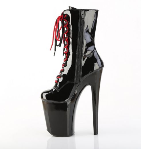 Product image of Pleaser XTREME-1020-1 Blk Pat/Blk-Red Chrome **8 Inch Heel 4 Inch PF Two Tone Lace-up Ankle Boot Side Zip