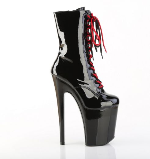 Product image of Pleaser XTREME-1020-1 Blk Pat/Blk-Red Chrome **8 Inch Heel 4 Inch PF Two Tone Lace-up Ankle Boot Side Zip