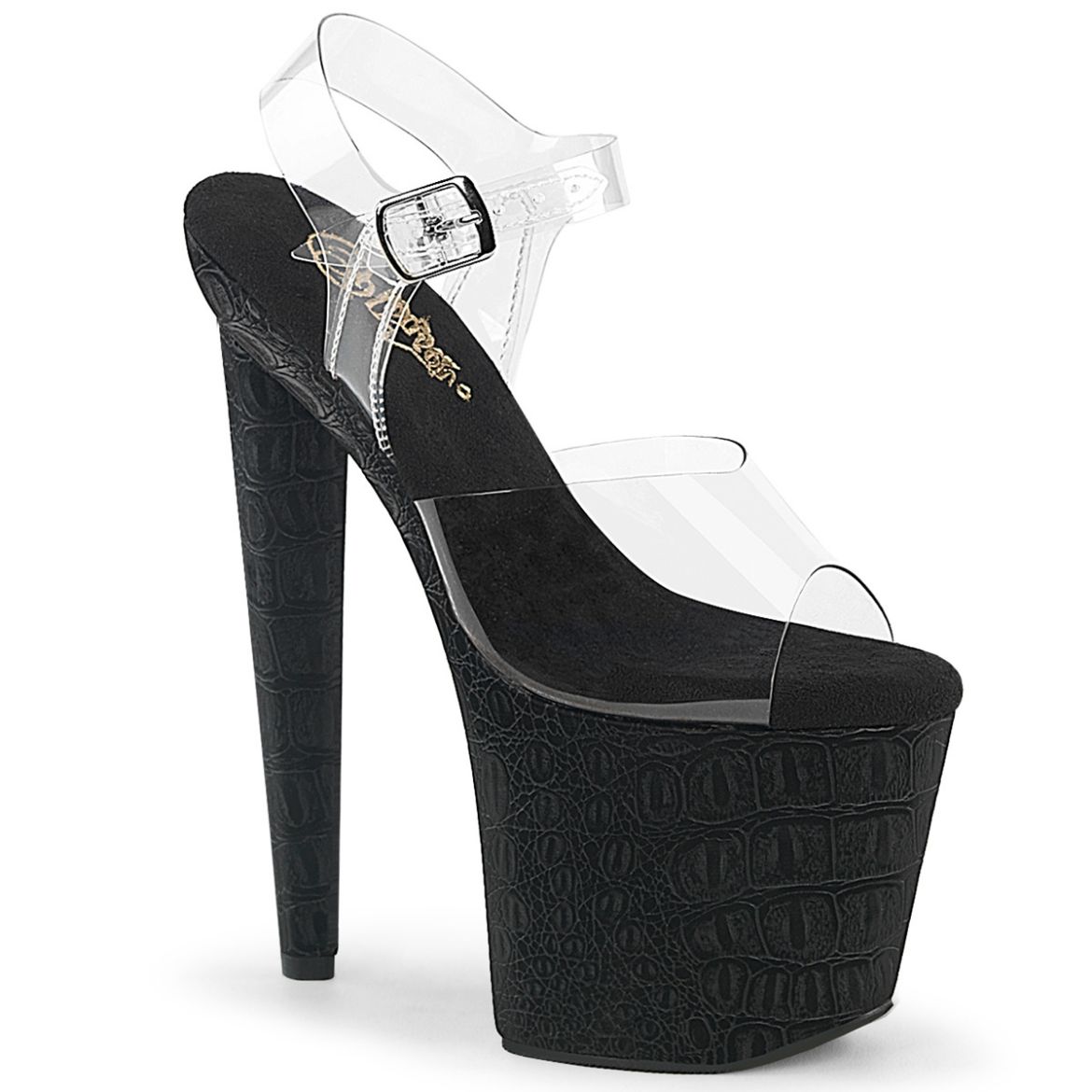 Product image of Pleaser RAZZLE-808WR Clr/Blk Reptile Print 8 Inch Heel 3 1/2 Inch PF Ankle Strap Sandal w/Reptile Print