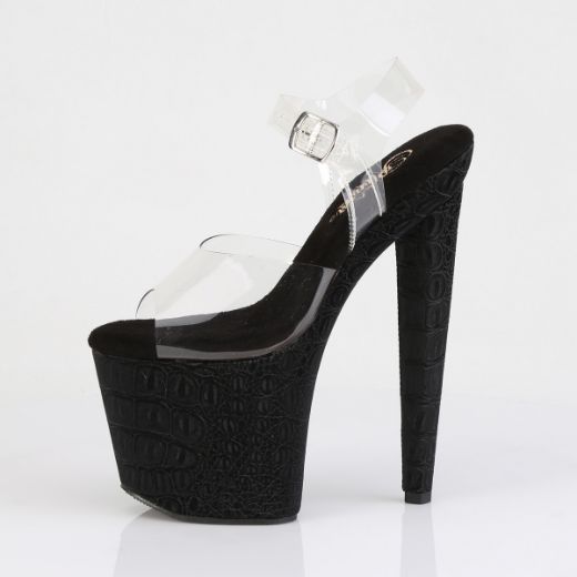 Product image of Pleaser RAZZLE-808WR Clr/Blk Reptile Print 8 Inch Heel 3 1/2 Inch PF Ankle Strap Sandal w/Reptile Print