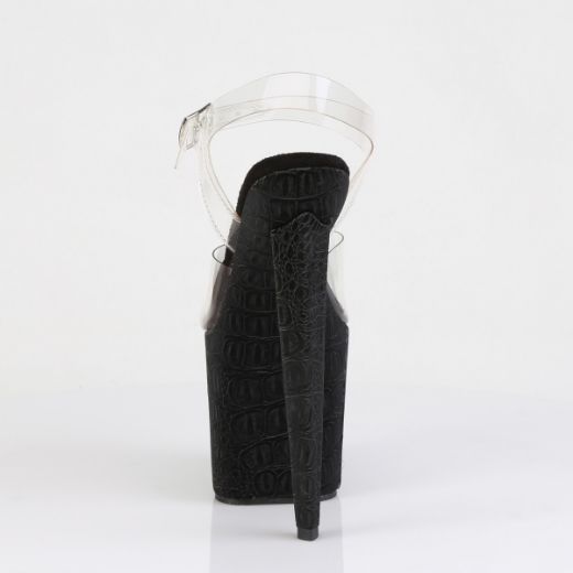 Product image of Pleaser RAZZLE-808WR Clr/Blk Reptile Print 8 Inch Heel 3 1/2 Inch PF Ankle Strap Sandal w/Reptile Print