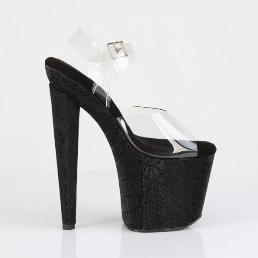 Product image of Pleaser RAZZLE-808WR Clr/Blk Reptile Print 8 Inch Heel 3 1/2 Inch PF Ankle Strap Sandal w/Reptile Print