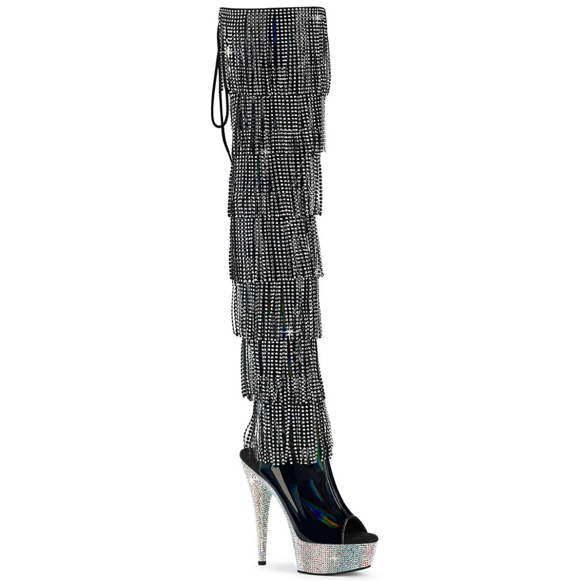 Product image of Pleaser BEJEWELED-3017HG-RSF Blk Holo Pat/Slv AB RS 6 Inch Heel 1 3/4 Inch PF 7-Layer Fringe Lace-Up Thigh Boot w/RS