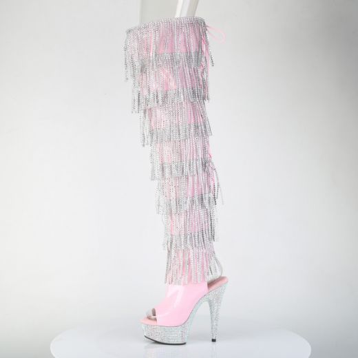 Product image of Pleaser BEJEWELED-3017HG-RSF B. Pink Holo Pat/Slv AB RS 6 Inch Heel 1 3/4 Inch PF 7-Layer Fringe Lace-Up Thigh Boot w/RS