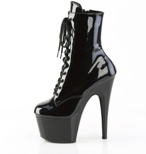 Product image of Pleaser ADORE-1020BLG Blk Pat-Blue Glitter/Blk 7 Inch Heel 2 3/4 Inch PF Lace-Up Front Ankle Boot Side Zip