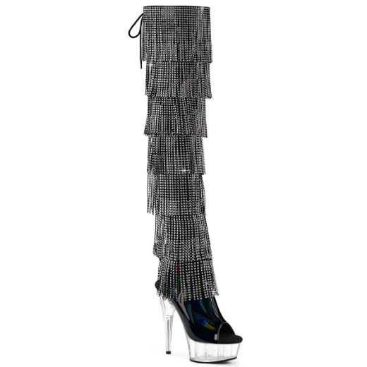 Product image of Pleaser DELIGHT-3017HG-RSF Blk Holo Pat/Clr 6 Inch Heel 1 3/4 Inch PF 7-Layer Fringe Lace-Up Back Thigh Boot