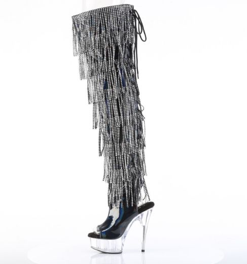 Product image of Pleaser DELIGHT-3017HG-RSF Blk Holo Pat/Clr 6 Inch Heel 1 3/4 Inch PF 7-Layer Fringe Lace-Up Back Thigh Boot