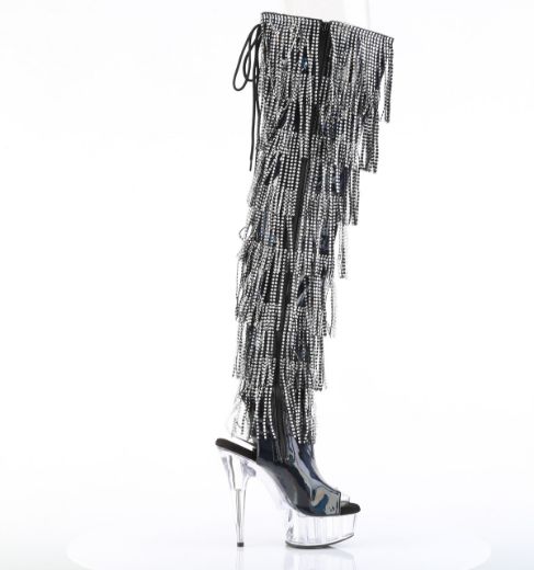 Product image of Pleaser DELIGHT-3017HG-RSF Blk Holo Pat/Clr 6 Inch Heel 1 3/4 Inch PF 7-Layer Fringe Lace-Up Back Thigh Boot