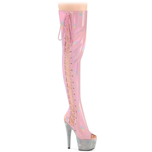 Product image of Pleaser BEJEWELED-3052HG-7 B. Pink Holo Pat/Slv AB RS 7 Inch Heel 2 3/4 Inch PF Open Toe/Back Side Lace Thigh Boot w/RS