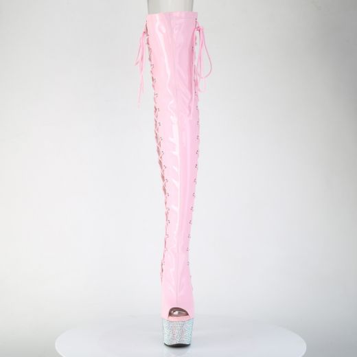 Product image of Pleaser BEJEWELED-3052HG-7 B. Pink Holo Pat/Slv AB RS 7 Inch Heel 2 3/4 Inch PF Open Toe/Back Side Lace Thigh Boot w/RS