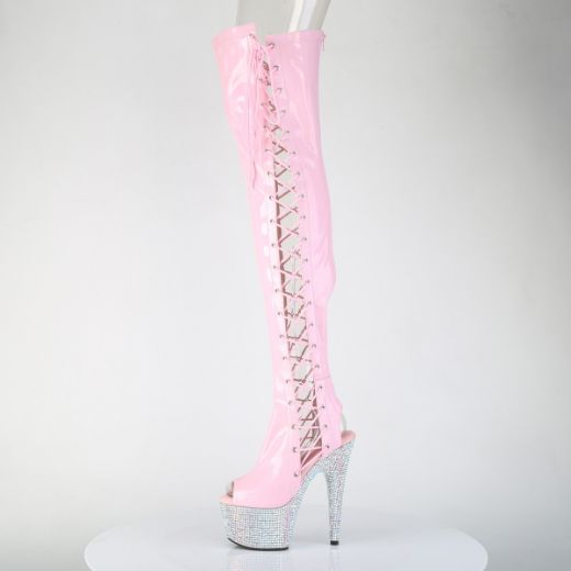 Product image of Pleaser BEJEWELED-3052HG-7 B. Pink Holo Pat/Slv AB RS 7 Inch Heel 2 3/4 Inch PF Open Toe/Back Side Lace Thigh Boot w/RS