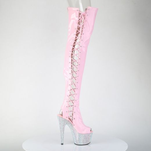 Product image of Pleaser BEJEWELED-3052HG-7 B. Pink Holo Pat/Slv AB RS 7 Inch Heel 2 3/4 Inch PF Open Toe/Back Side Lace Thigh Boot w/RS