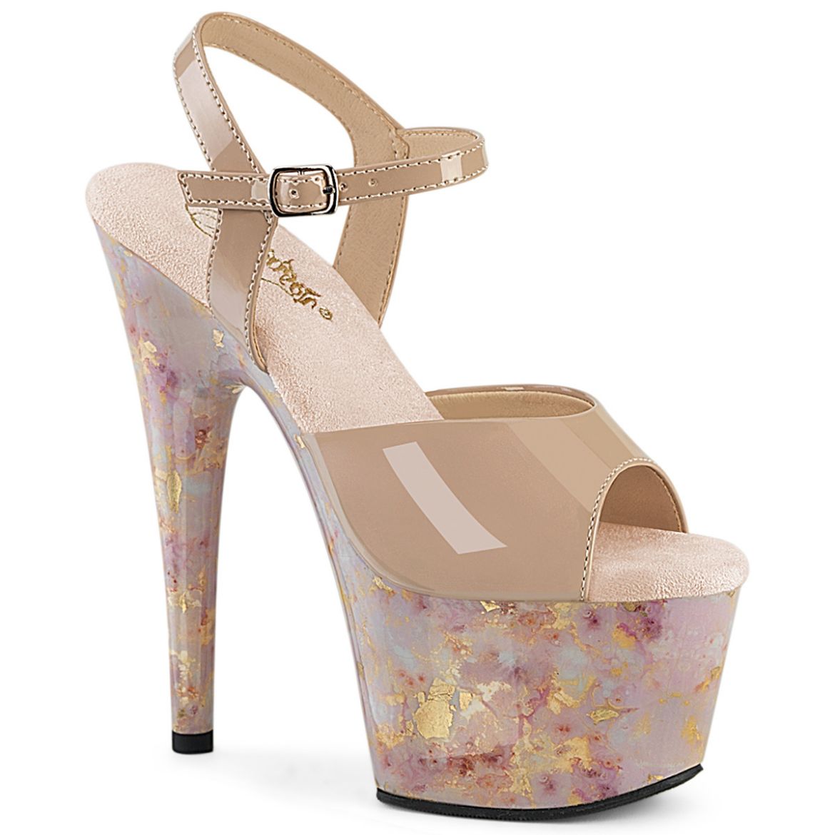 Product image of Pleaser ADORE-709MB Nude Pat/Blush-Gold Marble 7 Inch Heel 2 3/4 Inch PF Ankle Strap Sandal