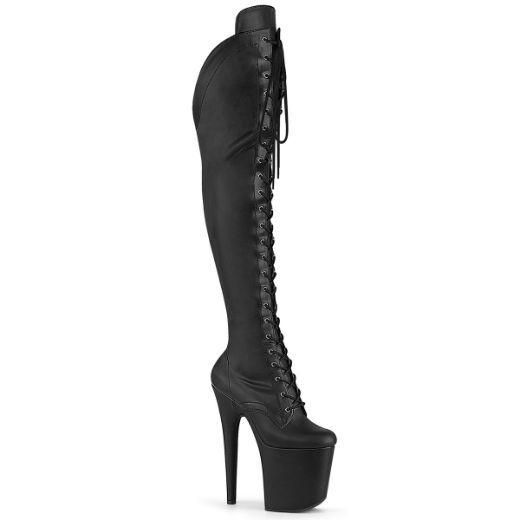 Product image of Pleaser FLAMINGO-3014 Blk Str. Faux Leather/Blk Matte 8 Inch Heel 4 Inch PF Lace-Up Front OTK Boot 2/3 Side Zip