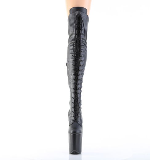 Product image of Pleaser FLAMINGO-3014 Blk Str. Faux Leather/Blk Matte 8 Inch Heel 4 Inch PF Lace-Up Front OTK Boot 2/3 Side Zip