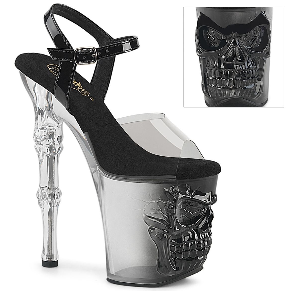 Product image of Pleaser RAPTURE-808T-1 Smoke-Blk/Blk-Clr Ombre 8 Inch Finger Bone Heel 4 Inch Skull PF Ombre Ankle Strap Sandal