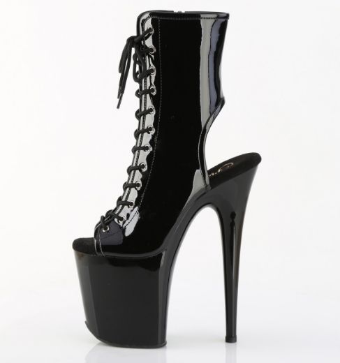 Product image of Pleaser FLAMINGO-1016 Blk Pat/Blk 8 Inch Heel 4 Inch PF Open Toe/Heel Lace-Up Ankle Boot Side Zip